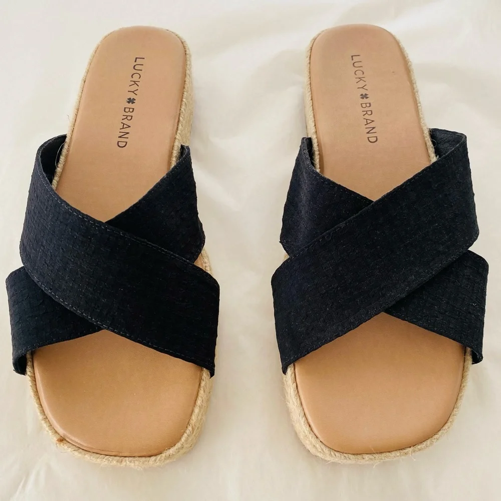Lucky Brand NEW Gayte Black Platform‎ Espadrille Slide Sandals Size 6.5